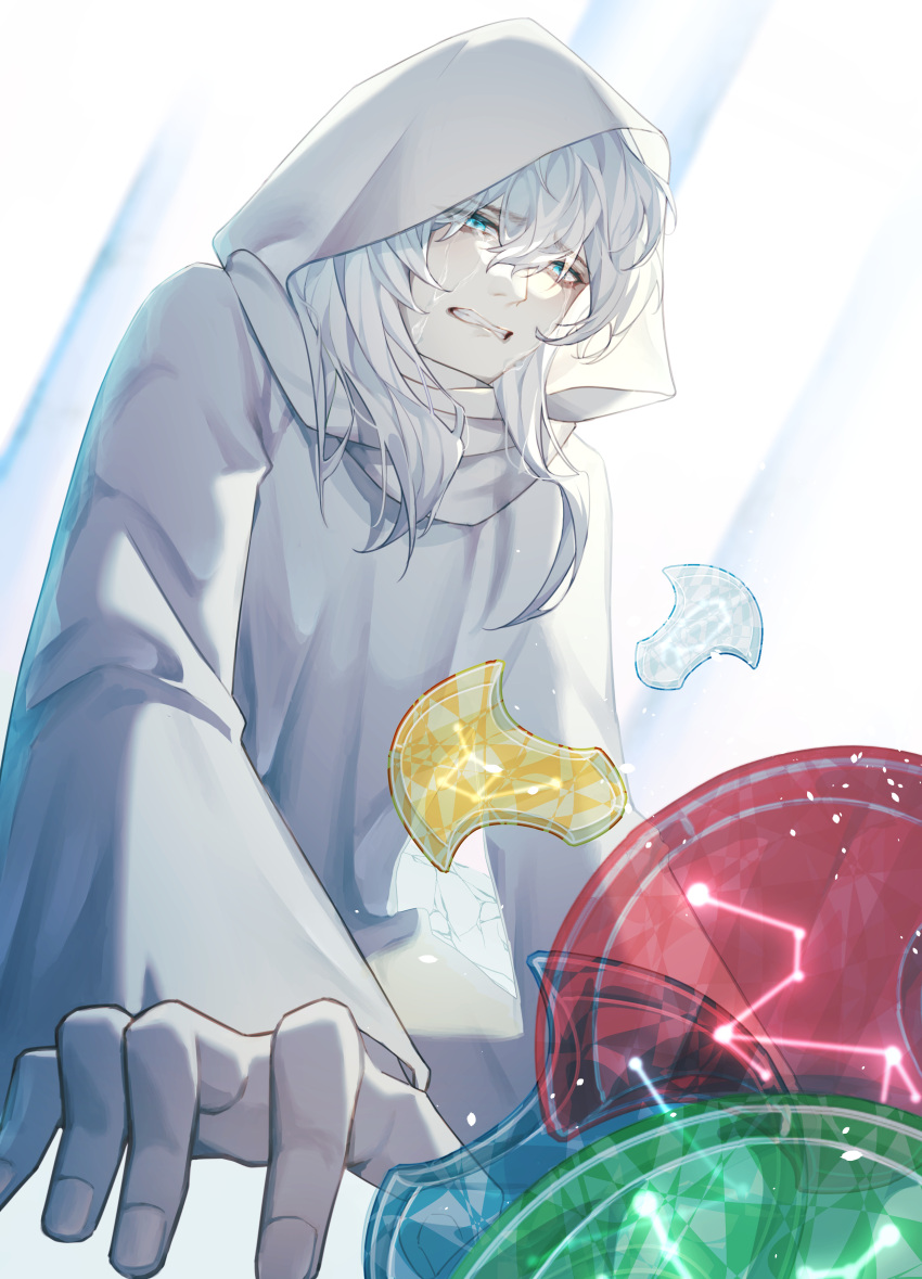 1boy absurdres blue_eyes clenched_teeth crying elidibus final_fantasy final_fantasy_xiv from_below furrowed_brow hanyu54936188 highres hood hood_up hooded_robe looking_down male_focus medium_hair robe solo spoilers teeth themis_(ff14) white_hair white_robe