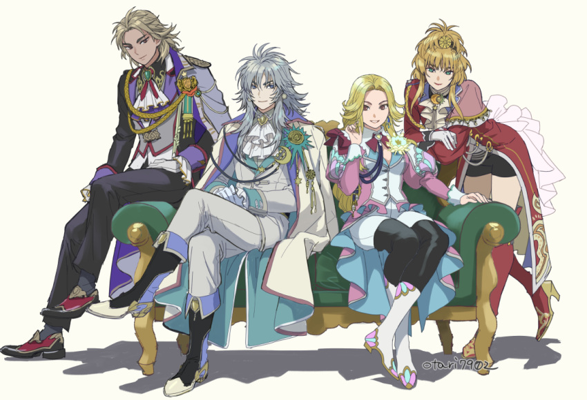 2boys 2girls black_suit blonde_hair blue_eyes boots braid braided_ponytail cape coat_of_arms dark-skinned_male dark_skin dual_persona formal green_eyes high_heel_boots high_heels indesign juliet_sleeves long_hair long_sleeves messy_hair multiple_boys multiple_girls protagonist_(romancing_saga_2) puffy_sleeves romancing_saga_2 saga suit the_final_emperor the_final_empress thigh_boots white_hair white_suit