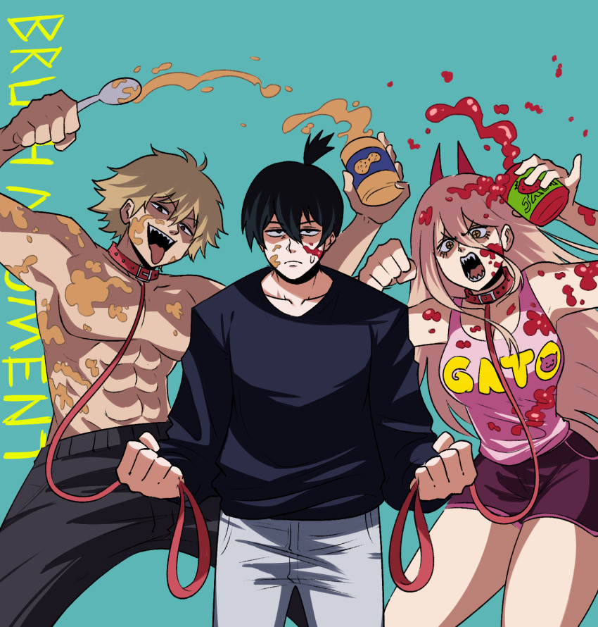 1girl 2boys black_hair blonde_hair blue_background chainsaw_man cross-shaped_pupils denji_(chainsaw_man) hair_between_eyes hayakawa_aki highres holding holding_leash holding_spoon horns jam leash light_blue_background long_hair looking_at_viewer messy multiple_boys open_mouth peanut_butter pink_shirt power_(chainsaw_man) red_horns sharp_teeth shirt short_hair simple_background spoon strawberry_jam sweat sweater teeth tina_fate topknot topless topless_male