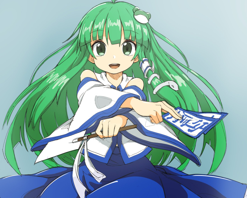 1girl bare_shoulders blue_background blue_skirt commentary_request cowboy_shot crossed_arms detached_sleeves frog_hair_ornament gohei green_eyes green_hair hair_ornament hair_tubes hands_up highres holding kochiya_sanae long_hair looking_at_viewer narira ofuda open_mouth outstretched_arms shirt simple_background single_hair_tube skirt smile snake_hair_ornament solo touhou white_shirt