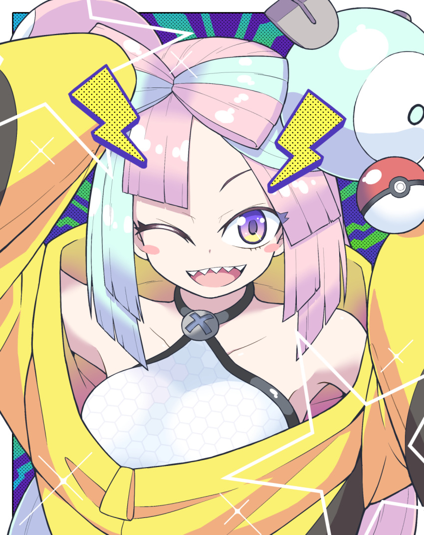 1girl bow-shaped_hair character_hair_ornament hair_ornament highres iono_(pokemon) jacket long_hair low-tied_long_hair oversized_clothes poke_ball pokemon pokemon_(game) pokemon_sv sharp_teeth shirt sleeveless sleeveless_shirt sleeves_past_wrists solo tago_sota teeth very_long_sleeves x yellow_jacket
