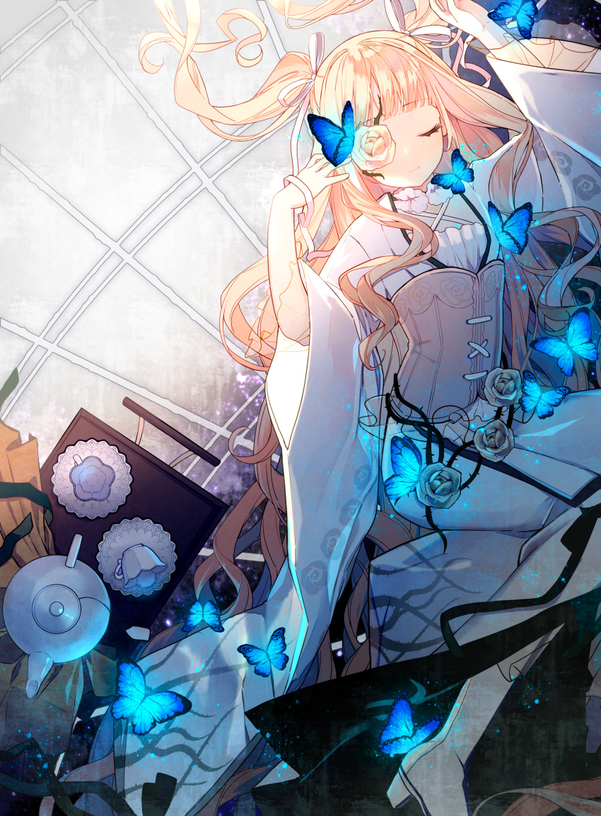 1girl absurdres blonde_hair blue_butterfly blue_flower blue_rose bug butterfly butterfly_on_hand closed_eyes closed_mouth corset flower flower_over_eye glowing_butterfly hand_up highres kakami_(pixiv7616827) kirakishou long_sleeves rose rozen_maiden smile solo white_flower white_rose wide_sleeves