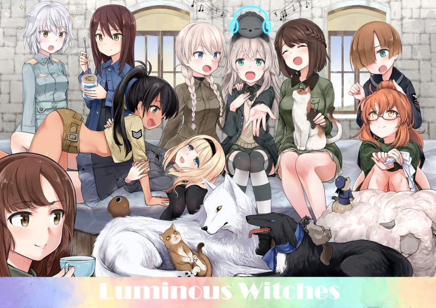 6+girls absurdres aila_paivikki_linnamaa aohashi_ame bed bird black_hair black_swan_(bird) black_thighhighs blonde_hair blue_eyes blush braid breasts brown_eyes brown_hair brown_shorts cat closed_eyes closed_mouth coffee coffee_mug cup dog eleonore_giovanna_gassion glasses green_eyes hair_over_one_eye hairband hand_on_another's_back highres indoors joanna_elizabeth_stafford kiwi_(bird) long_hair looking_at_another looking_at_viewer luminous_witches lyudmila_andreyevna_ruslanova manaia_matawhaura_hato maria_magdalena_dietrich medium_breasts midriff military military_uniform miniskirt mug multiple_girls on_bed open_mouth orange_hair ponytail sheep shibuya_inori short_hair shorts sitting skirt small_breasts smile squirrel striped striped_thighhighs sylvie_cariello thigh-highs twin_braids uniform virginia_robertson white_hair window world_witches_series yellow_eyes yuri