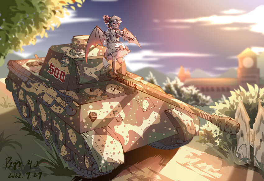 1girl artist_name bat_wings camouflage dated dress english_text fence ground_vehicle headset highres military military_vehicle motor_vehicle panzerkampfwagen_panther pointing pzgr.40 remilia_scarlet scarlet_devil_mansion solo standing_on_object tank touhou tree white_dress white_headwear wings wooden_fence