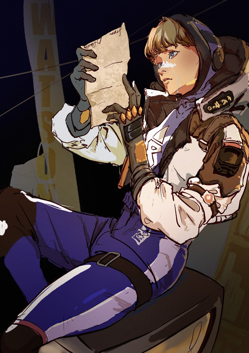 1girl absurdres apex_legends bangs black_gloves blue_eyes bodysuit brown_hair character_name crying crying_with_eyes_open gloves head_tilt highres holding holding_paper hood hood_down hooded_jacket jacket lenjor paper purple_bodysuit purple_headwear reading sitting solo tears wattson_(apex_legends) white_jacket