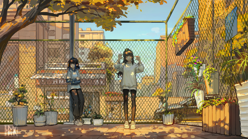 2girls absurdres baggy_pants black_hair black_pants blue_eyes blue_hair brown_eyes brown_hair building car chain-link_fence city crossed_arms dappled_sunlight day fence gradient_hair ground_vehicle hands_up highres hood hoodie horns hua_ming_wink long_sleeves looking_at_viewer motor_vehicle multicolored_hair multiple_girls original outdoors pants pantyhose plant pointy_ears potted_plant scenery shirt shop single_horn sunlight sweater tree two-tone_hair white_shirt white_sweater