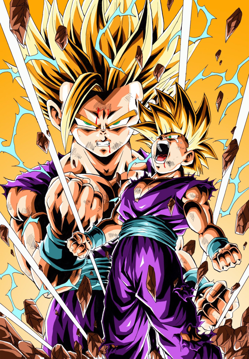 1boy angry battle_damage blonde_hair clenched_hands debris dragon_ball dragon_ball_z electricity green_eyes highres looking_at_viewer male_focus multiple_views open_mouth son_gohan spiky_hair super_saiyan super_saiyan_1 super_saiyan_2 tears torn_clothes transformation youngjijii