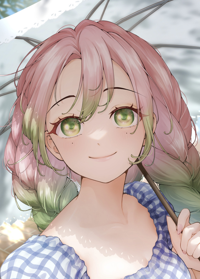 1girl absurdres bangs closed_mouth day eyelashes fingernails gradient_hair green_hair hand_up happy highres holding holding_umbrella kanroji_mitsuri kimetsu_no_yaiba long_hair looking_at_viewer mole mole_under_eye multicolored_hair pink_hair plaid poffso portrait smile solo tri_braids two-tone_hair umbrella