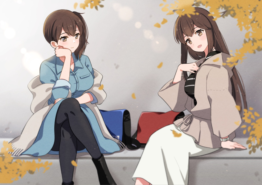 1girl akagi_(kancolle) alternate_costume alternate_legwear black_shirt blue_dress breast_pocket breasts brown_eyes brown_hair casual commentary_request dress feet_out_of_frame gradient grey_background grey_jacket hair_between_eyes heart jacket kaga_(kancolle) kantai_collection long_hair long_sleeves looking_at_viewer medium_breasts natsume_(natsume_melio) official_alternate_costume one-hour_drawing_challenge pantyhose pocket shirt short_sidetail side_ponytail sitting skirt smile solo straight_hair striped striped_shirt twitter_username white_jacket white_skirt