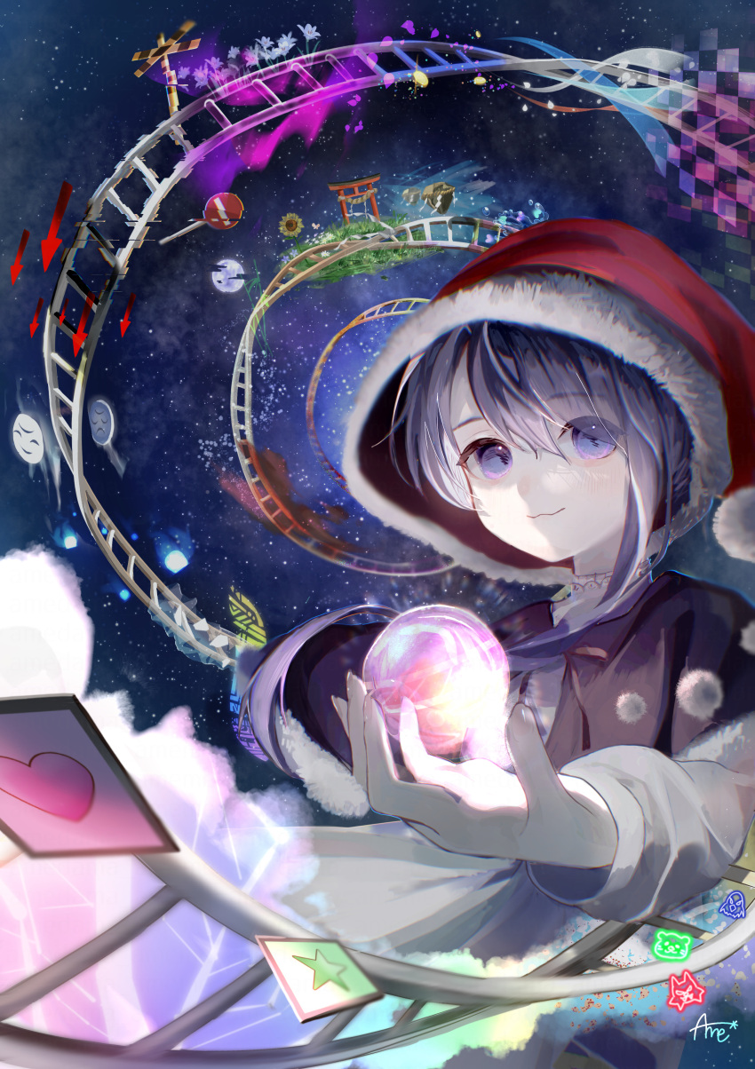 1girl absurdres amedama_ameme black_capelet blue_eyes blue_hair blush capelet closed_mouth doremy_sweet eagle_spirit_(touhou) fingernails flower hair_between_eyes hat highres long_sleeves mask nightcap otter_spirit_(touhou) pom_pom_(clothes) red_headwear scroll short_hair signature smile solo sorcerer's_sutra_scroll sunflower torii touhou white_flower wolf_spirit_(touhou) yellow_flower