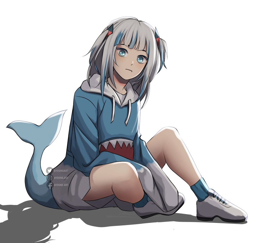 1girl ayoungart blue_eyes blue_hair blue_hoodie blue_socks closed_mouth facebook_logo facebook_username fish_tail full_body gawr_gura highres hololive hololive_english hood hood_down hoodie instagram_logo instagram_username long_sleeves looking_at_viewer multicolored_hair shadow shark_girl shark_tail shoes simple_background socks solo streaked_hair tail twitter_logo twitter_username virtual_youtuber white_background white_footwear white_hair