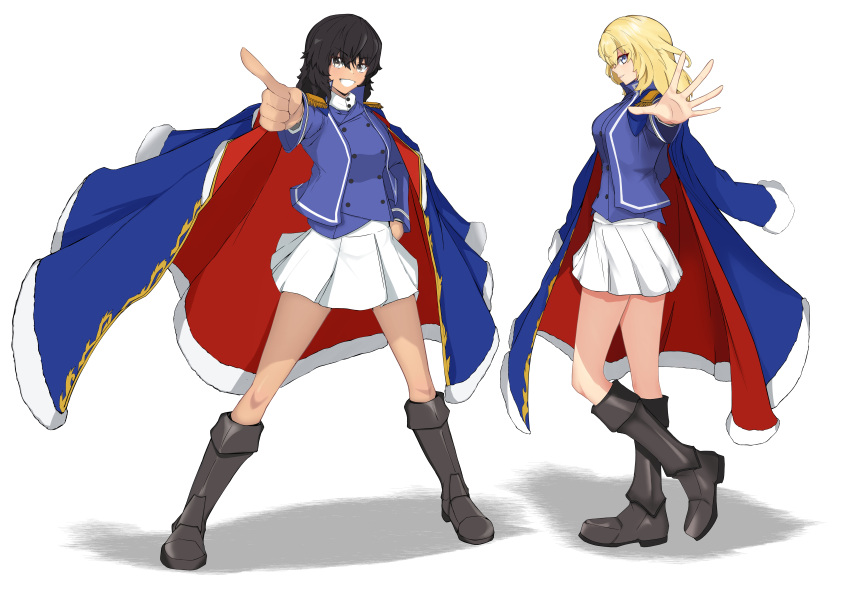 2girls absurdres andou_(girls_und_panzer) bangs bc_freedom_military_uniform black_eyes black_footwear black_hair blonde_hair blue_cape blue_eyes blue_jacket blue_vest boots brown_eyes cape closed_mouth commentary dark-skinned_female dark_skin dress_shirt epaulettes french_commentary girls_und_panzer grin hand_on_hip heel_up high_collar highres holding jacket knee_boots long_sleeves looking_at_viewer marie_(girls_und_panzer) medium_hair messy_hair military military_uniform miniskirt mixed-language_commentary multiple_girls oshida_(girls_und_panzer) pleated_skirt pointing pointing_at_viewer pose reaching_out red_cape shadow shibainutank shirt simple_background skirt smile standing two-sided_cape two-sided_fabric uniform vest white_background white_shirt white_skirt