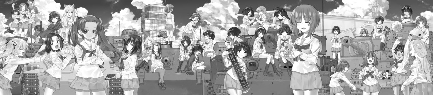 6+girls absurdres adjusting_eyewear ahoge aircraft_carrier akiyama_yukari anglerfish animal_ears arms_up bangs bike_shorts_under_skirt blouse blunt_bangs blunt_ends blurry blurry_background bob_cut bump_(volleyball) caesar_(girls_und_panzer) cat_ears char_b1 clenched_hands clipboard closed_eyes closed_mouth clouds cloudy_sky coke-bottle_glasses commentary_request crossed_arms crossed_legs dark-skinned_female dark_skin day depth_of_field duck_head emblem erwin_(girls_und_panzer) everyone eyepatch facing_viewer fake_animal_ears flexing food frown fruit girls_und_panzer glasses gotou_moyoko greyscale grin ground_vehicle hair_between_eyes hair_pulled_back hair_ribbon hair_tie hairband hand_to_own_mouth handheld_game_console hands_on_lap hanging hat hat_removed headband headwear_removed highres holding holding_clipboard holding_clothes holding_handheld_game_console holding_hat holding_pencil holding_sign holding_stuffed_toy hoshino_(girls_und_panzer) incredibly_absurdres indian_style inou_takashi interlocked_fingers isobe_noriko isuzu_hana jagdpanzer_38(t) kadotani_anzu kawanishi_shinobu kawashima_momo knees_together_feet_apart kondou_taeko konparu_nozomi koyama_yuzu leaning_forward legs_up loafers long_hair long_sleeves looking_at_another looking_at_viewer looking_back low_ponytail low_twintails lying m3_lee maruyama_saki medium_hair messy_hair midriff_peek military military_vehicle miniskirt momogaa_(girls_und_panzer) monochrome monocle motor_vehicle multiple_girls nakajima_(girls_und_panzer) neckerchief nekonyaa_(girls_und_panzer) nishizumi_miho no_hairband no_headband on_back on_vehicle one_eye_closed ooarai_(emblem) ooarai_marine_tower ooarai_school_uniform oono_aya open_mouth oryou_(girls_und_panzer) ou_taiga outdoors own_hands_together panzerkampfwagen_iv parted_bangs parted_lips peach peaked_cap pencil piyotan_(girls_und_panzer) playing_games pleated_skirt pointy_hair pose pushing reizei_mako ribbon saemonza_(girls_und_panzer) sailor_collar sakaguchi_karina sanada_clan_(emblem) sasaki_akebi sawa_azusa scarf school_uniform semi-rimless_eyewear serafuku ship shirt shoes short_hair short_ponytail short_sleeves sign sitting skirt sky sleeves_rolled_up smile sneakers socks sono_midoriko standing stuffed_animal stuffed_toy sturmgeschutz_iii suzuki_(girls_und_panzer) takebe_saori tank teddy_bear thigh-highs tiger_(p) tsuchiya_(girls_und_panzer) twintails type_89_i-gou under-rim_eyewear utsugi_yuuki volleyball warship watercraft wide_image yamagou_ayumi zuikaku_(girls_und_panzer)