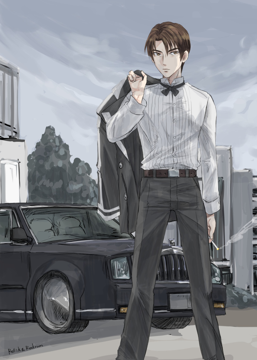 1boy belt black_pants black_ribbon brown_belt brown_eyes brown_hair car cigarette clouds cloudy_sky collared_shirt hair_behind_ear highres holding holding_cigarette holding_clothes holding_jacket ichimonji_takahashi jacket jacket_over_shoulder jacket_removed jun_(rellik_&amp;_redrum) long_sleeves male_focus motor_vehicle muvluv neck_ribbon pants parted_bangs ribbon shirt shirt_tucked_in sky smoke solo tree white_shirt