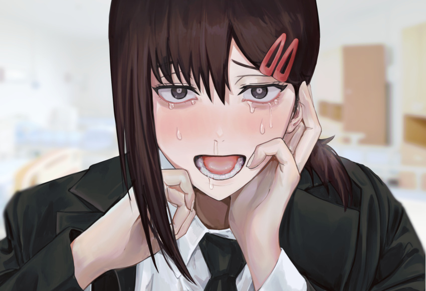 1girl black_hair black_necktie buttericecreamm chainsaw_man collared_shirt crying crying_with_eyes_open formal hair_between_eyes hair_ornament hairclip hand_on_own_face higashiyama_kobeni highres long_hair looking_at_viewer necktie open_mouth sad saliva shirt simple_background single_sidelock snot_trail solo suit tears worried
