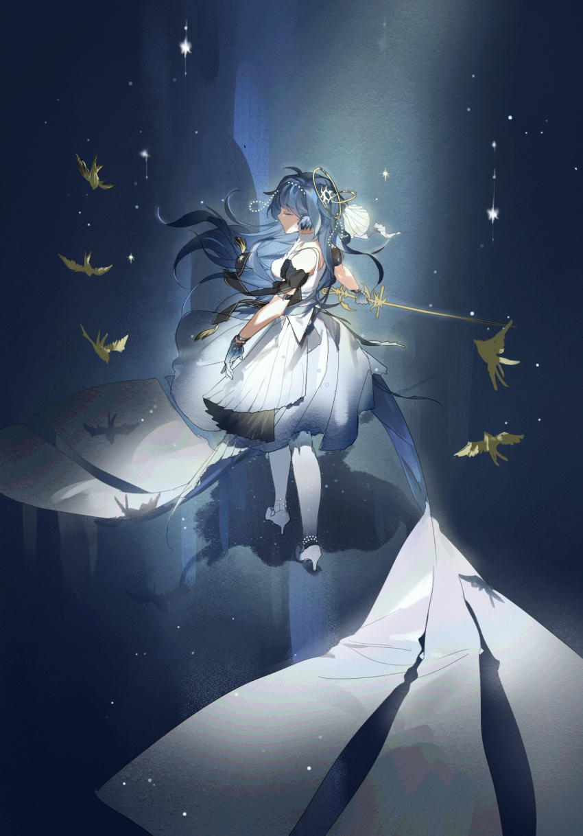 1girl animal_ears arknights astesia_(arknights) astesia_(frlibre_on_the_palace)_(arknights) bare_shoulders bird bird_ears blue_hair closed_eyes clothes_on_floor clsr706 dress from_above from_behind full_body gloves hair_ornament high_heels highres holding holding_sword holding_weapon long_hair pantyhose ribbon solo standing sword twisted_torso walking weapon white_dress white_pantyhose
