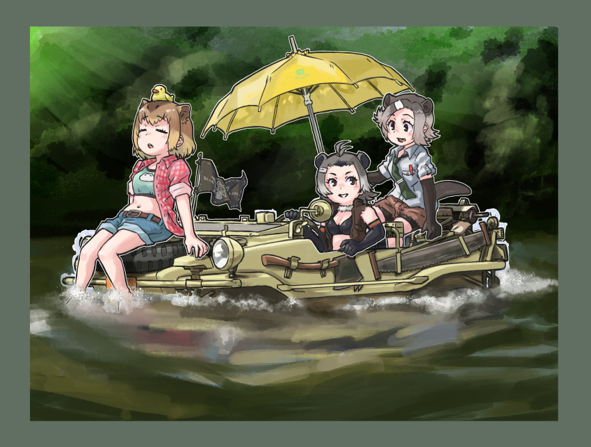 3girls absurdres american_beaver_(kemono_friends) amphibious_ground_vehicle animal_ears antenna_hair axe beach_umbrella beaver_ears beaver_tail belt bike_shorts bike_shorts_under_shorts black_eyes black_hair border bra brown_eyes brown_hair capybara_(kemono_friends) car closed_eyes commentary_request day driving elbow_gloves eurasian_beaver_(kemono_friends) extra_ears flag fur_collar gloves grey_hair ground_vehicle hair_ornament hairclip highres kemono_friends looking_at_another medium_hair motor_vehicle multicolored_hair multiple_girls necktie object_on_head on_vehicle open_clothes open_mouth open_shirt open_vest outdoors plaid plaid_shirt river rubber_duck saw shirt short_sleeves shorts sidelocks sitting smile sports_bra steering_wheel tail toriny torn_clothes torn_sleeves umbrella underwear vest water