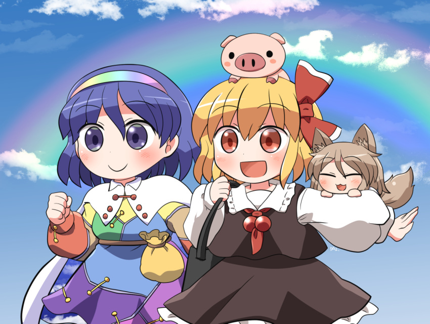 3girls animal animal_ears black_skirt black_vest blonde_hair blue_eyes blue_hair blush cloak closed_mouth collared_shirt dress fox_ears fox_tail hairband kudamaki_tsukasa light_brown_hair long_sleeves multicolored_clothes multicolored_dress multicolored_hairband multiple_girls open_mouth patchwork_clothes pig rainbow_gradient red_eyes rokugou_daisuke rumia shirt short_hair skirt sky_print smile tail tenkyuu_chimata touhou vest white_cloak white_shirt