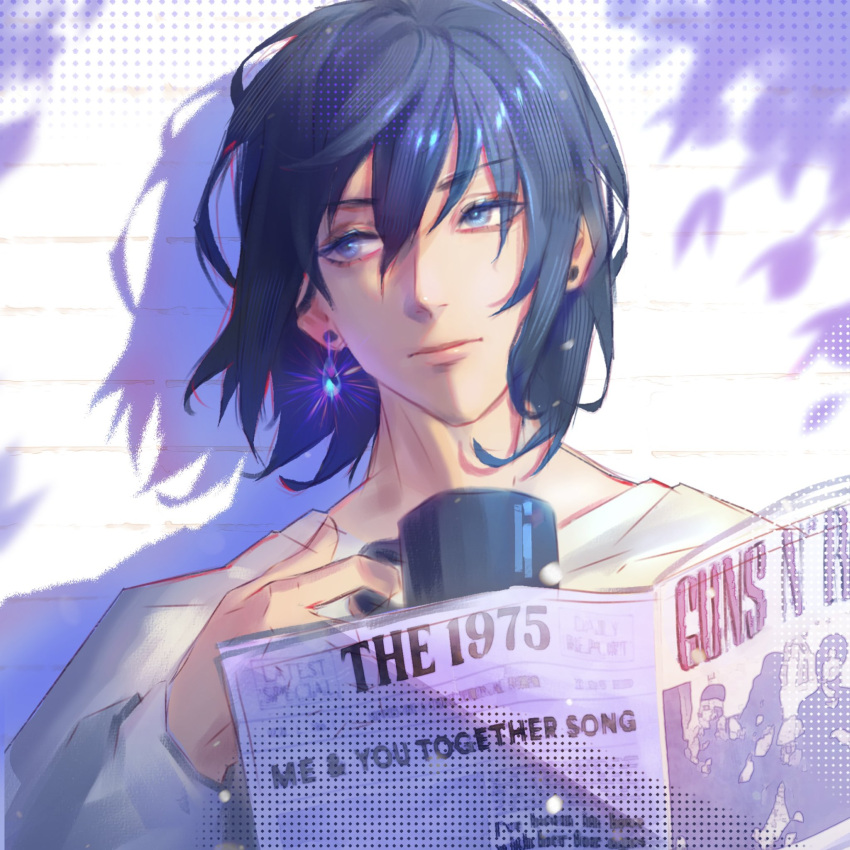 1boy bangs black_hair blue_eyes chainsaw_man coffee_mug cup ear_piercing earrings hair_between_eyes hayakawa_aki highres holding holding_cup holding_newspaper jewelry kozzz_y looking_to_the_side medium_hair mug newspaper piercing simple_background single_earring solo sweater white_background white_sweater