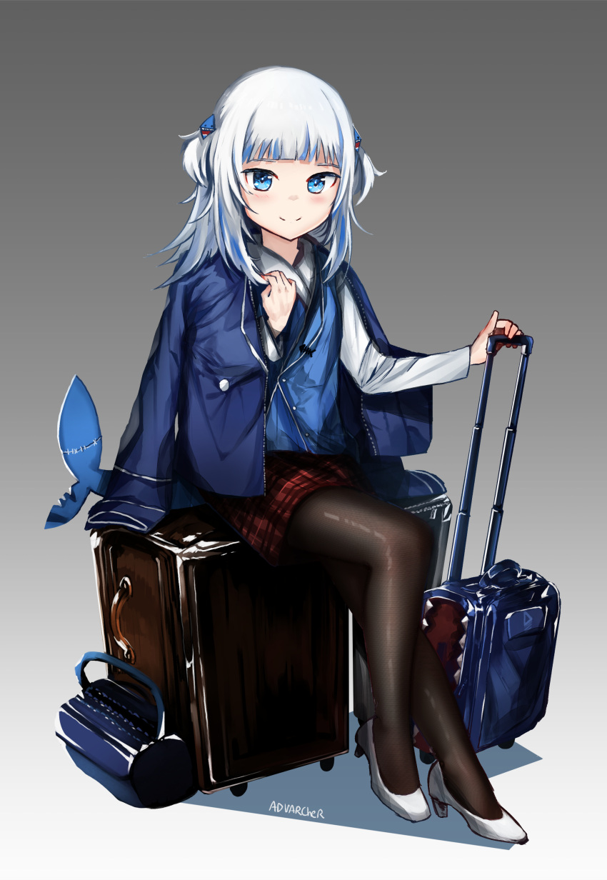 1girl 2022 absurdres anonamos black_pantyhose blue_eyes blue_hair closed_mouth fish_tail gawr_gura highres holding hololive hololive_english long_sleeves multicolored_hair pantyhose pleated_skirt rolling_suitcase shark_girl shark_tail short_twintails sitting skirt smile solo streaked_hair tail twintails virtual_youtuber white_hair