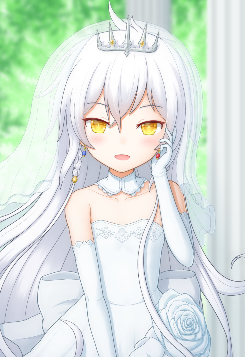 1girl bare_shoulders blush bridal_veil collarbone detached_collar dress earrings elbow_gloves flat_chest gloves hand_on_own_cheek hand_on_own_face highres hilda_(stella_glow) jewelry long_hair looking_at_viewer offencearmor-0131 open_mouth solo stella_glow tiara upper_body veil very_long_hair wedding_dress white_hair yellow_eyes