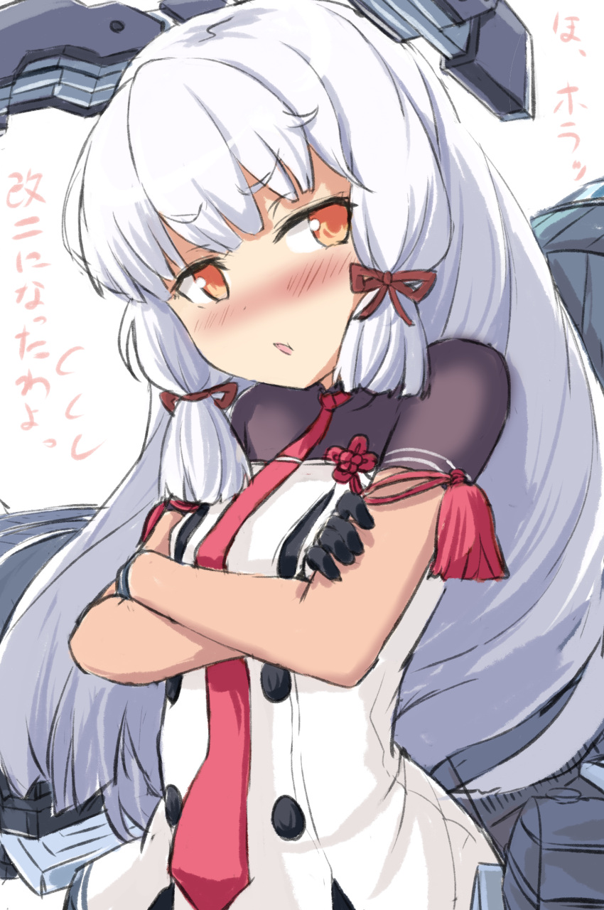1girl bangs blunt_bangs blush commentary_request controller crossed_arms dress engiyoshi gloves hair_ornament hair_ribbon headgear highres kantai_collection light_purple_hair long_hair looking_at_viewer machinery md5_mismatch murakumo_(kancolle) murakumo_kai_ni_(kancolle) necktie orange_eyes pantyhose parted_lips resolution_mismatch revision ribbon sailor_dress sidelocks source_larger translation_request tress_ribbon