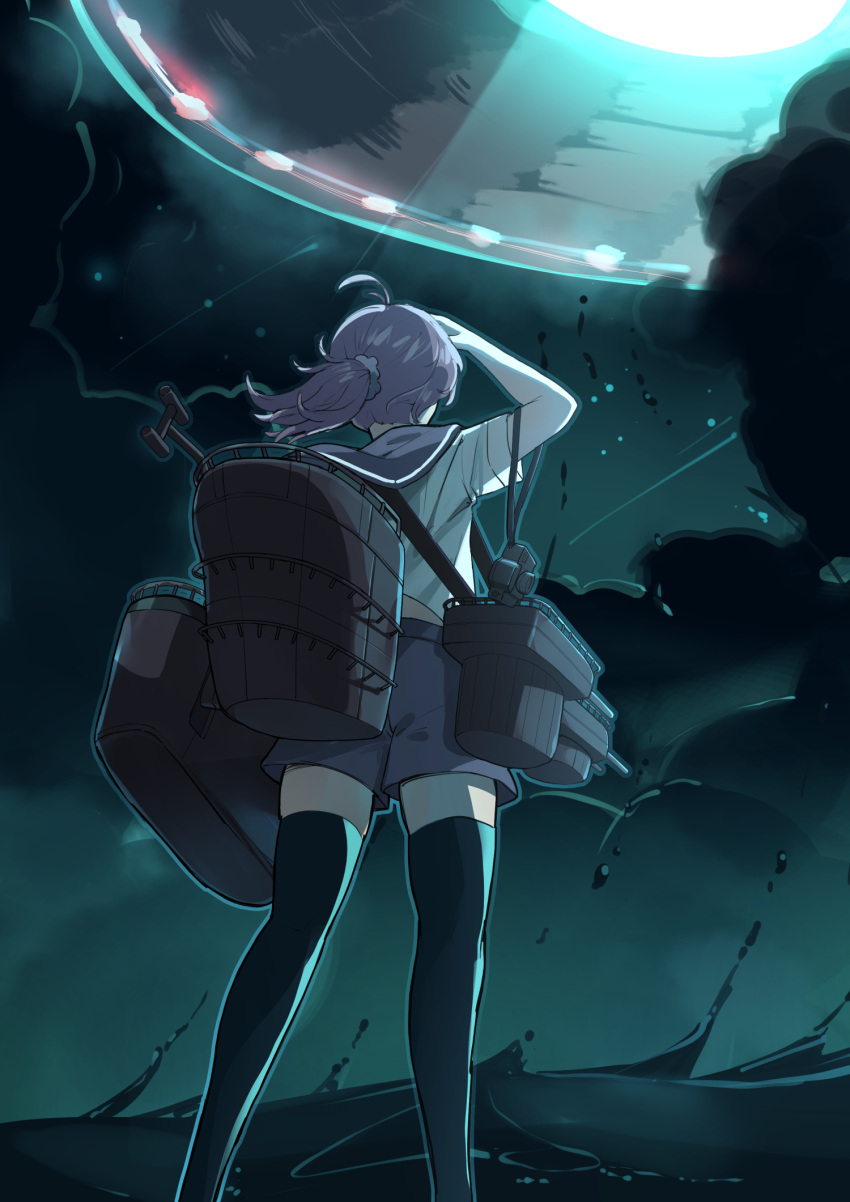 1girl aoba_(kancolle) black_thighhighs blue_sailor_collar blue_shorts clouds cloudy_sky commentary_request dark_clouds feet_out_of_frame from_behind grey_sky highres kantai_collection machinery ocean osananajimi_neko ponytail purple_hair sailor_collar sailor_shirt scrunchie shirt shorts sky solo standing standing_on_liquid thigh-highs ufo water white_shirt