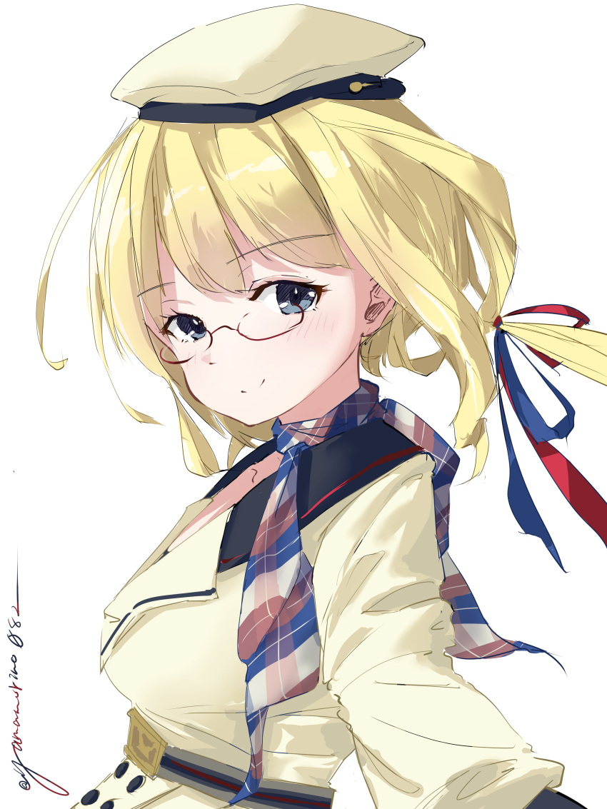 1girl absurdres beret black_sailor_collar blonde_hair blue_eyes buttons commandant_teste_(kancolle) commandant_teste_(kancolle)_(cosplay) cosplay double-breasted dress glasses hat highres i-8_(kancolle) kantai_collection looking_at_viewer low_twintails multicolored_clothes multicolored_scarf one-hour_drawing_challenge sailor_collar scarf simple_background smile solo twintails upper_body white_background white_dress white_headwear yamamori_oyatsu