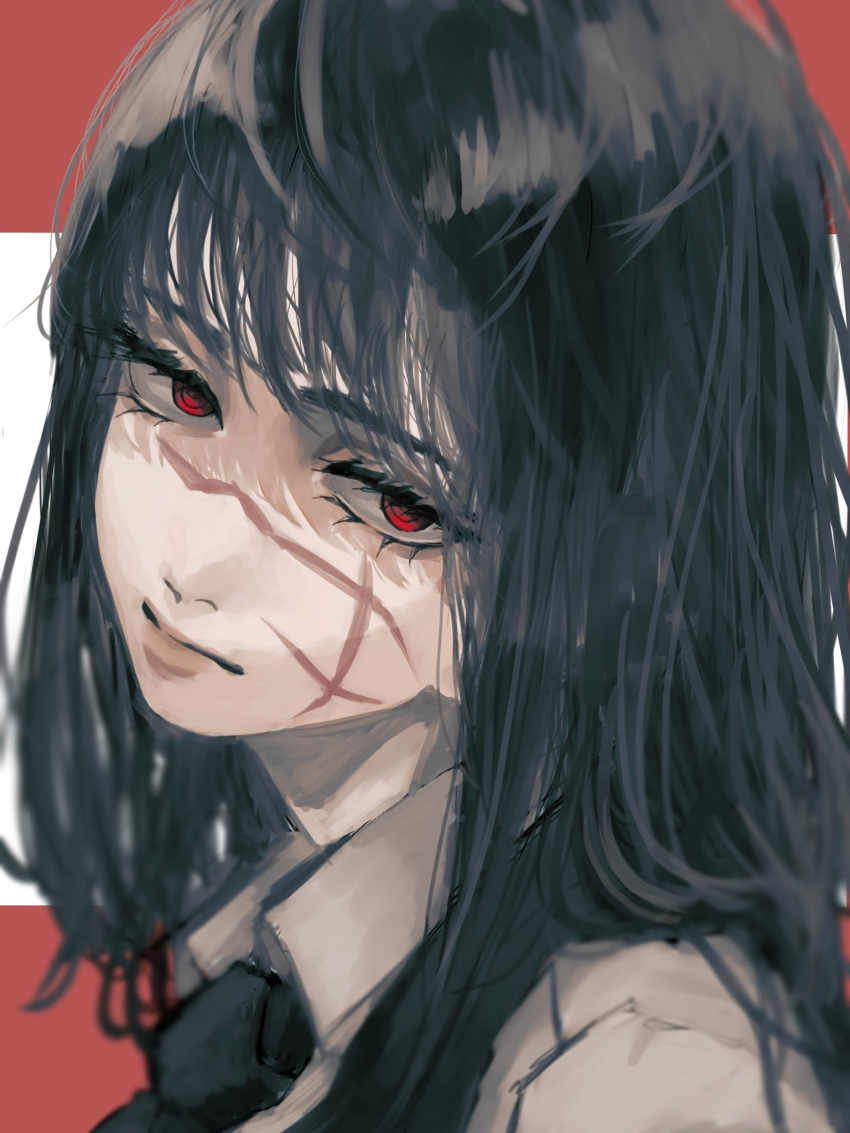1girl bangs black_hair blank_stare bonjindaaa chainsaw_man cross_scar expressionless highres long_hair looking_at_viewer mitaka_asa red_eyes ringed_eyes scar scar_on_cheek scar_on_face simple_background solo two-tone_background war_devil_(chainsaw_man) yoru_(chainsaw_man)