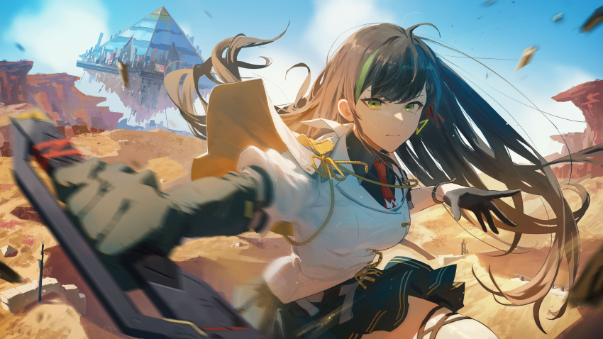 1girl ahoge black_gloves black_hair blue_sky blurry blurry_foreground breasts desert gloves green_eyes highres holding holding_weapon lin_(tower_of_fantasy) long_hair looking_at_viewer medium_breasts miniskirt mole mole_under_eye omegu outdoors skirt sky thigh-highs tower_of_fantasy uniform weapon