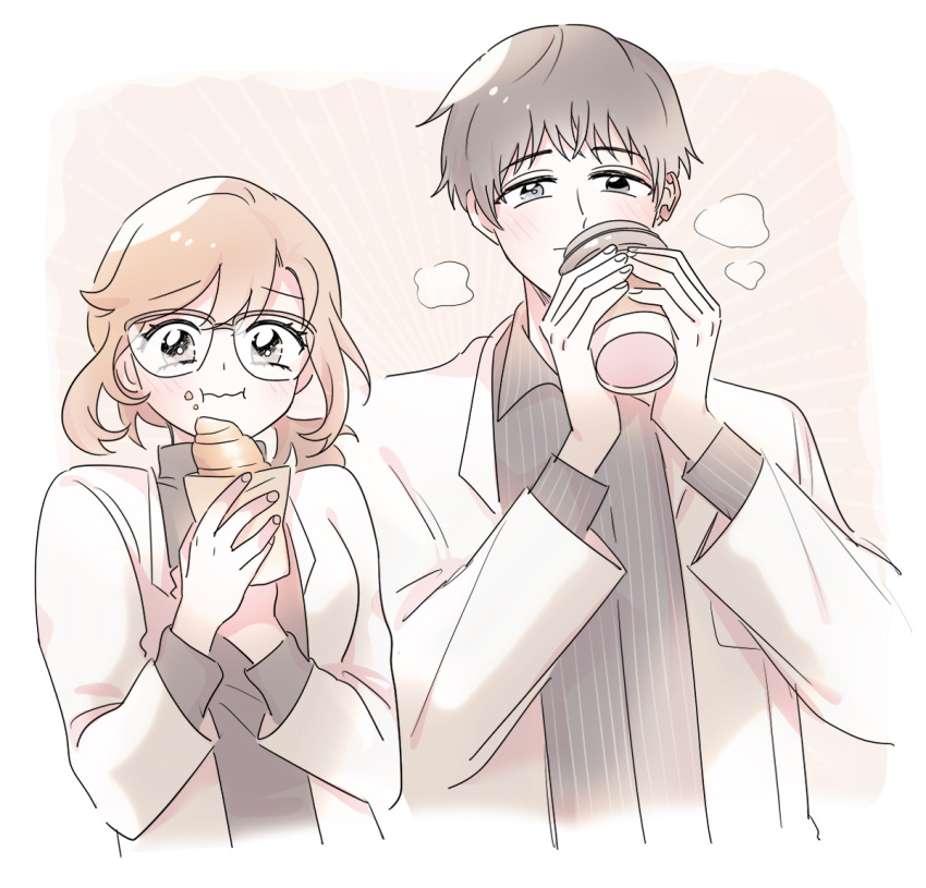1boy 1girl blush breasts brown_hair character_request closed_mouth coffee_cup commentary croissant cup disposable_cup eating eoduun_badaui_deungbul-i_doeeo food glasses grey_eyes grey_hair grey_shirt holding holding_cup holding_food jacket long_hair long_sleeves looking_at_viewer rql2020 shirt short_hair simple_background striped striped_shirt symbol-only_commentary upper_body vertical-striped_shirt vertical_stripes white_background white_jacket