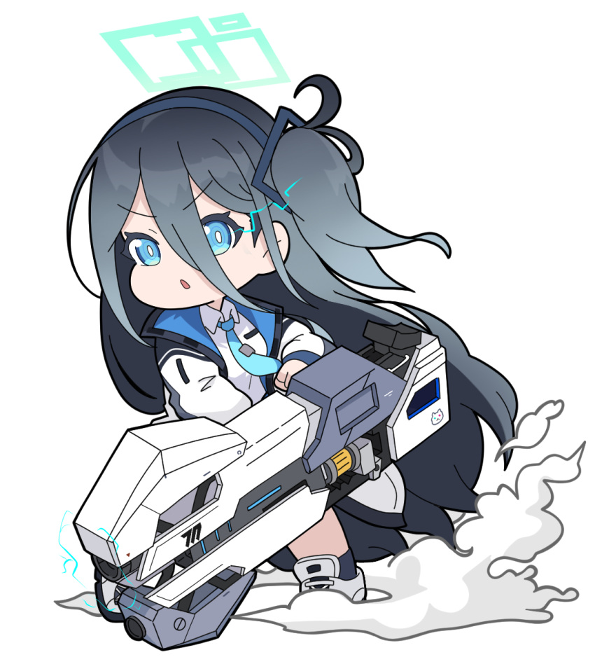 1girl arisu_(blue_archive) bangs black_hair black_hairband black_socks blue_archive blue_eyes blue_necktie chibi collared_shirt commentary_request electricity full_body gun hair_between_eyes hairband halo highres holding holding_gun holding_weapon jacket long_hair long_sleeves looking_at_viewer necktie nyaru_(nyaru_4126) one_side_up open_clothes open_jacket parted_lips shirt shoes simple_background smoke socks solo standing v-shaped_eyebrows very_long_hair weapon white_background white_footwear white_jacket white_shirt