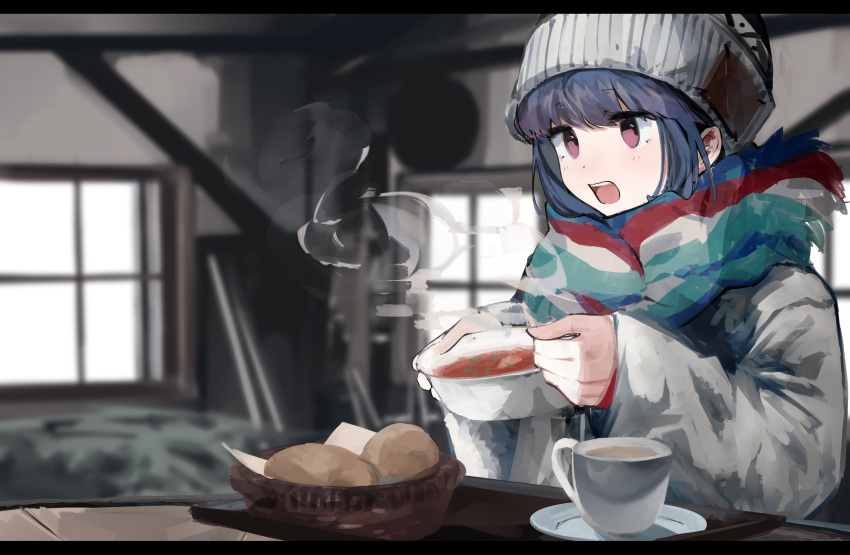 1girl absurdres beanie bowl bread cup food fur_trim hat highres holding holding_bowl indoors leadin_the_sky long_hair purple_hair shima_rin solo soup steam sweater table tea teacup violet_eyes window yurucamp