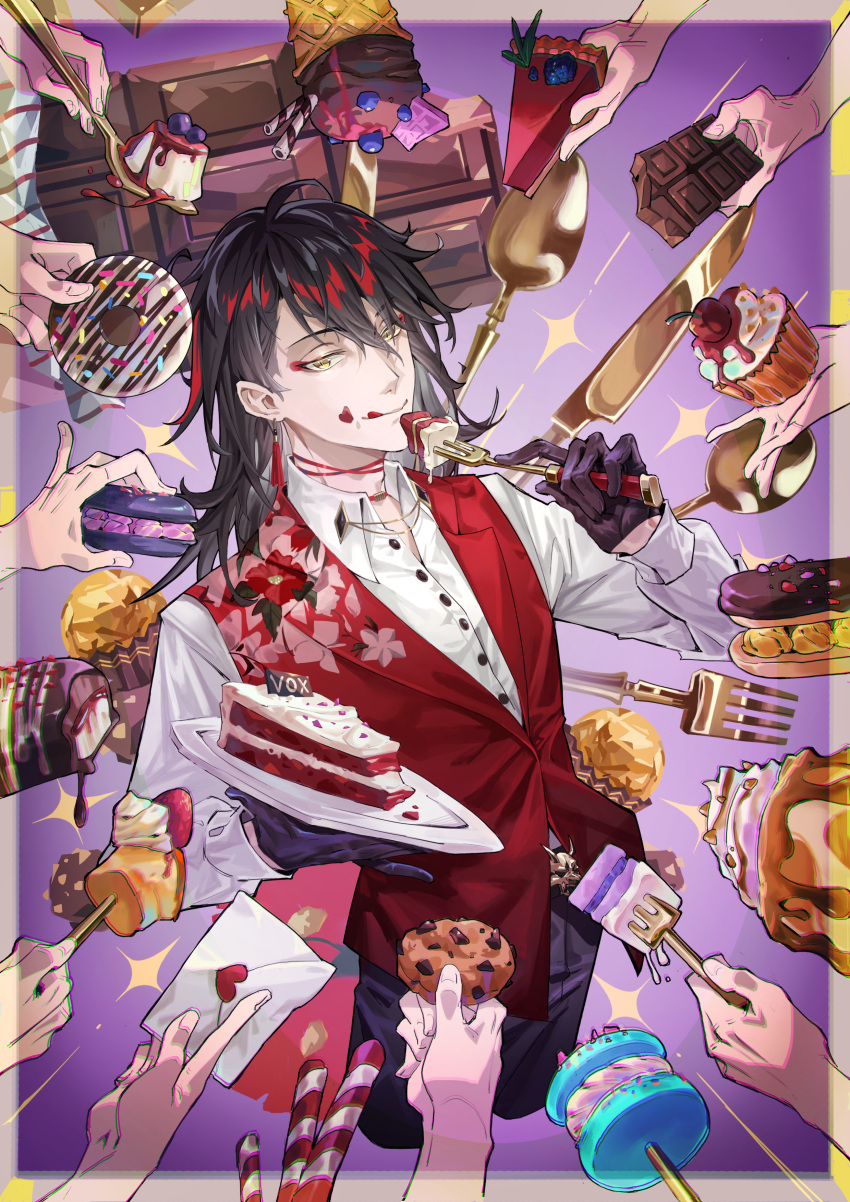1boy absurdres bangs black_gloves black_hair black_pants cake cake_slice character_name chinese_commentary chocolate closed_mouth commentary cookie cupcake doughnut dress_shirt earrings floral_print food food_on_face fork gloves gradient gradient_background highres holding holding_chocolate holding_cookie holding_food holding_fork holding_letter holding_plate ice_cream jewelry knife letter long_hair long_sleeves looking_at_viewer love_letter luxiem male_focus medium_hair mochimachi multicolored_hair multiple_hands nijisanji nijisanji_en pants pie pie_slice plate print_vest purple_background red_eyeliner red_vest redhead shirt smile solo spoon tassel tassel_earrings tongue tongue_out vest virtual_youtuber vox_akuma white_shirt yellow_eyes