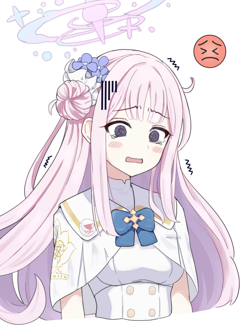 1girl badge blue_archive blue_bow blue_bowtie blush_stickers bow bowtie button_badge buttons capelet cropped_torso dress emoji empty_eyes flower hair_bun hair_flower hair_ornament hair_scrunchie halo highres keke_(user_djyu7823) long_hair mika_(blue_archive) open_mouth pink_hair sailor_collar scrunchie sidelocks simple_background single_side_bun solo tearing_up trembling white_background white_capelet white_dress white_sailor_collar white_scrunchie
