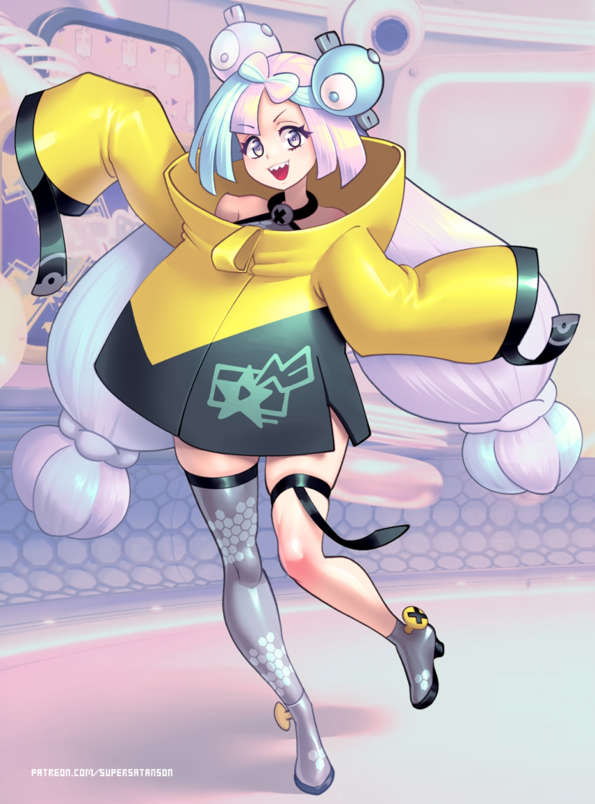 1girl :d aqua_hair bangs commentary_request eyelashes full_body grey_footwear grey_shirt grey_thighhighs high_heels highres iono_(pokemon) jacket long_hair looking_at_viewer multicolored_hair open_mouth pokemon pokemon_(game) pokemon_sv purple_hair sharp_teeth shirt single_thighhigh sleeveless sleeveless_shirt sleeves_past_fingers sleeves_past_wrists smile solo supersatanson teeth thigh-highs thigh_strap tongue twintails two-tone_hair upper_teeth yellow_jacket