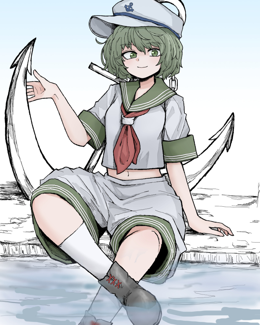 1girl anchor anchor_symbol boots collared_shirt fe_(tetsu) green_eyes green_hair hat highres looking_at_viewer midriff murasa_minamitsu neckerchief partially_submerged red_neckerchief sailor_collar shirt short_hair shorts sitting smile soaking_feet socks solo touhou water white_shirt white_shorts white_socks