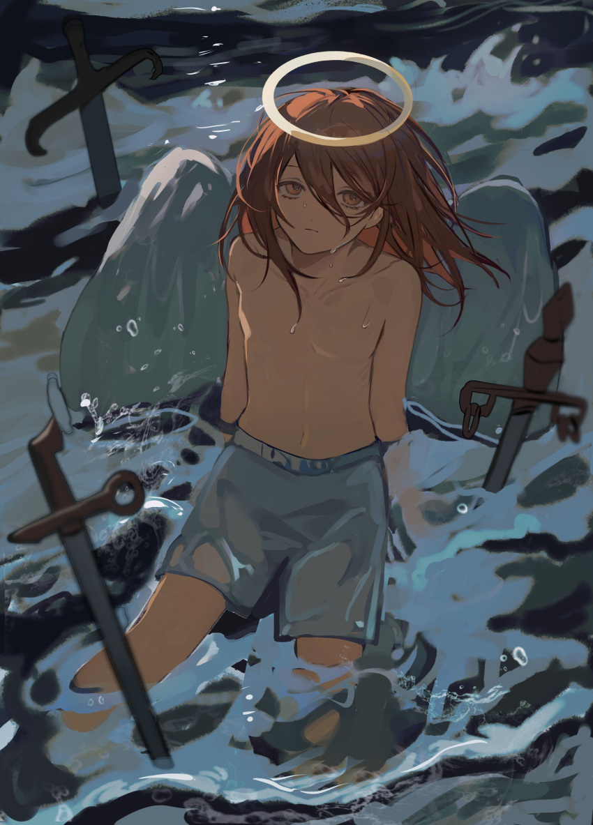 1boy 846873514 absurdres angel_devil_(chainsaw_man) angel_wings arm_support bangs blue_shorts brown_eyes brown_hair chainsaw_man collarbone expressionless feathered_wings feet_out_of_frame from_above hair_between_eyes halo highres long_bangs looking_at_viewer looking_up male_focus medium_hair partially_submerged planted planted_sword shorts sitting solo sword topless_male water weapon wet wet_clothes wet_shorts wings