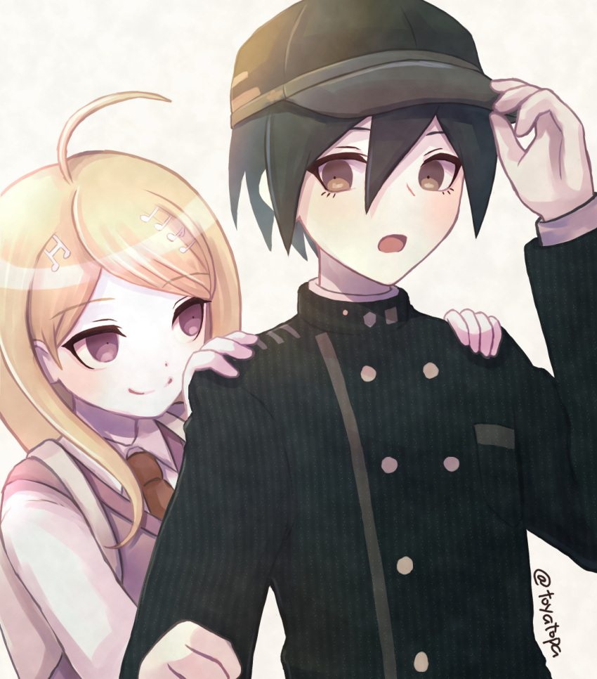 1boy 1girl :o ahoge akamatsu_kaede artist_name backpack bag bangs black_jacket breast_pocket brown_eyes brown_hair brown_necktie buttons collared_shirt commentary_request danganronpa_(series) danganronpa_v3:_killing_harmony double-breasted hair_between_eyes hair_ornament highres jacket looking_at_another looking_at_viewer musical_note musical_note_hair_ornament necktie open_mouth pink_eyes pink_vest pocket saihara_shuuichi shiny shiny_hair shirt short_hair smile striped striped_jacket toyatopa upper_body vest