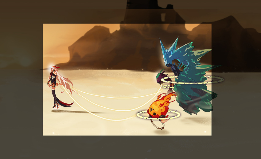 1girl chain desert dress dungeon_and_fighter elbow_gloves floating from_side full_body gloves keto_cactus long_hair monster official_art sand side_cutout smilla_(dungeon_and_fighter) spirit thigh-highs white_hair wind