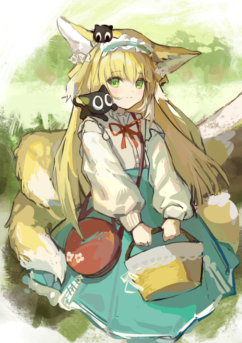 1girl absurdres animal animal_ear_fluff animal_ears arknights bag bangs basket black_cat blonde_hair blue_hairband blue_skirt cat closed_mouth commentary_request crossover fox_ears fox_girl fox_tail frilled_hairband frills green_eyes hair_between_eyes hairband heixiu high-waist_skirt highres holding holding_basket jacket kitsune long_hair looking_at_viewer luoxiaohei multicolored_hair neck_ribbon on_head on_shoulder open_clothes open_jacket puffy_short_sleeves puffy_sleeves red_ribbon ribbon shijiubashuazi shirt short_sleeves shoulder_bag skirt smile suzuran_(arknights) suzuran_(spring_praise)_(arknights) tail the_legend_of_luo_xiaohei two-tone_hair very_long_hair white_hair white_jacket white_shirt