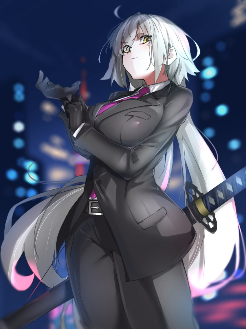 1girl adjusting_clothes adjusting_gloves ahoge belt breasts city fate/grand_order fate_(series) formal gloves grey_hair highres jeanne_d'arc_alter_(fate) katana large_breasts long_hair looking_at_viewer necktie pale_skin ri_o_ne_su serious sheath solo suit sword very_long_hair weapon wide_hips yellow_eyes