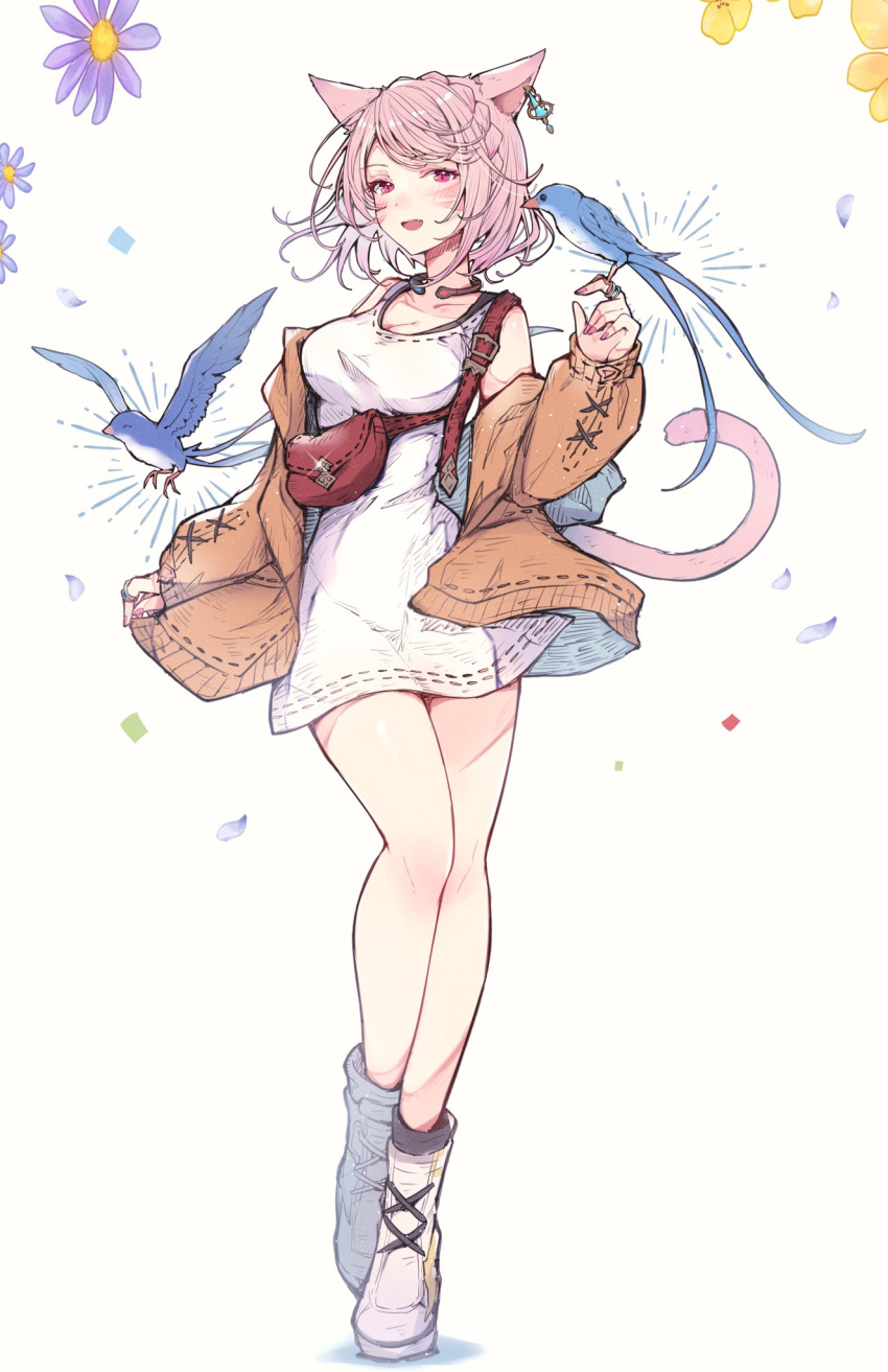 1girl :d animal_ears avatar_(ff14) bird blue_bird breasts cat_ears cat_girl cat_tail fang fanny_pack final_fantasy final_fantasy_xiv full_body highres jacket large_breasts long_shirt long_sleeves miqo'te mokokoiro off-shoulder_jacket off_shoulder open_clothes open_jacket pink_eyes pink_hair shirt short_hair sleeveless sleeveless_shirt smile tail white_shirt