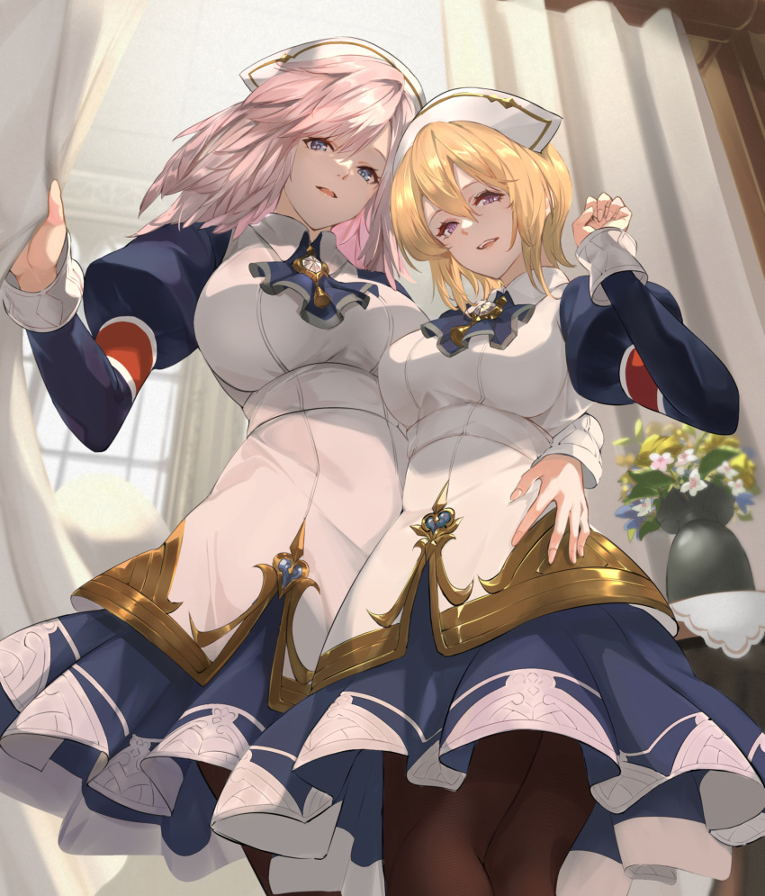 2girls :d alternate_costume ascot bangs blonde_hair blue_ascot blue_dress blue_eyes blurry blurry_background breasts brown_pantyhose collared_dress curtains dress europa_(granblue_fantasy) flower from_below gabriel_(granblue_fantasy) granblue_fantasy hair_between_eyes hand_on_another's_hip hand_up hat highres large_breasts long_hair long_sleeves looking_at_viewer medium_breasts multiple_girls nos nurse_cap open_mouth pantyhose pink_hair short_hair smile teeth two-tone_dress upper_teeth vase violet_eyes white_dress
