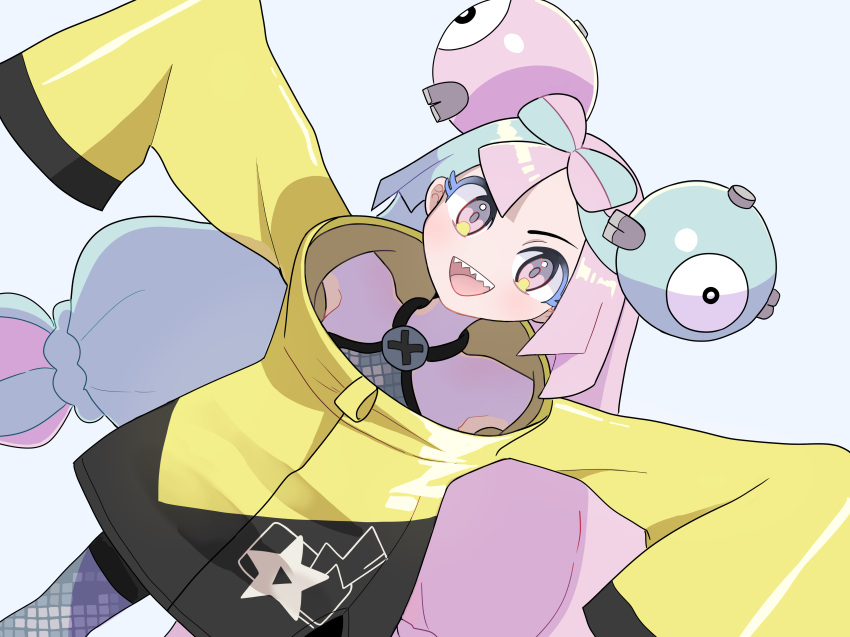 1girl :d absurdres bangs bernie_(hamu-ko) black_shorts character_hair_ornament commentary_request green_hair grey_pantyhose grey_shirt hair_ornament happy highres iono_(pokemon) jacket long_hair looking_at_viewer multicolored_hair open_mouth pantyhose pokemon pokemon_(game) pokemon_sv purple_hair shirt shorts simple_background sleeveless sleeveless_shirt sleeves_past_fingers sleeves_past_wrists smile solo teeth tongue twintails two-tone_hair upper_teeth violet_eyes white_background yellow_jacket