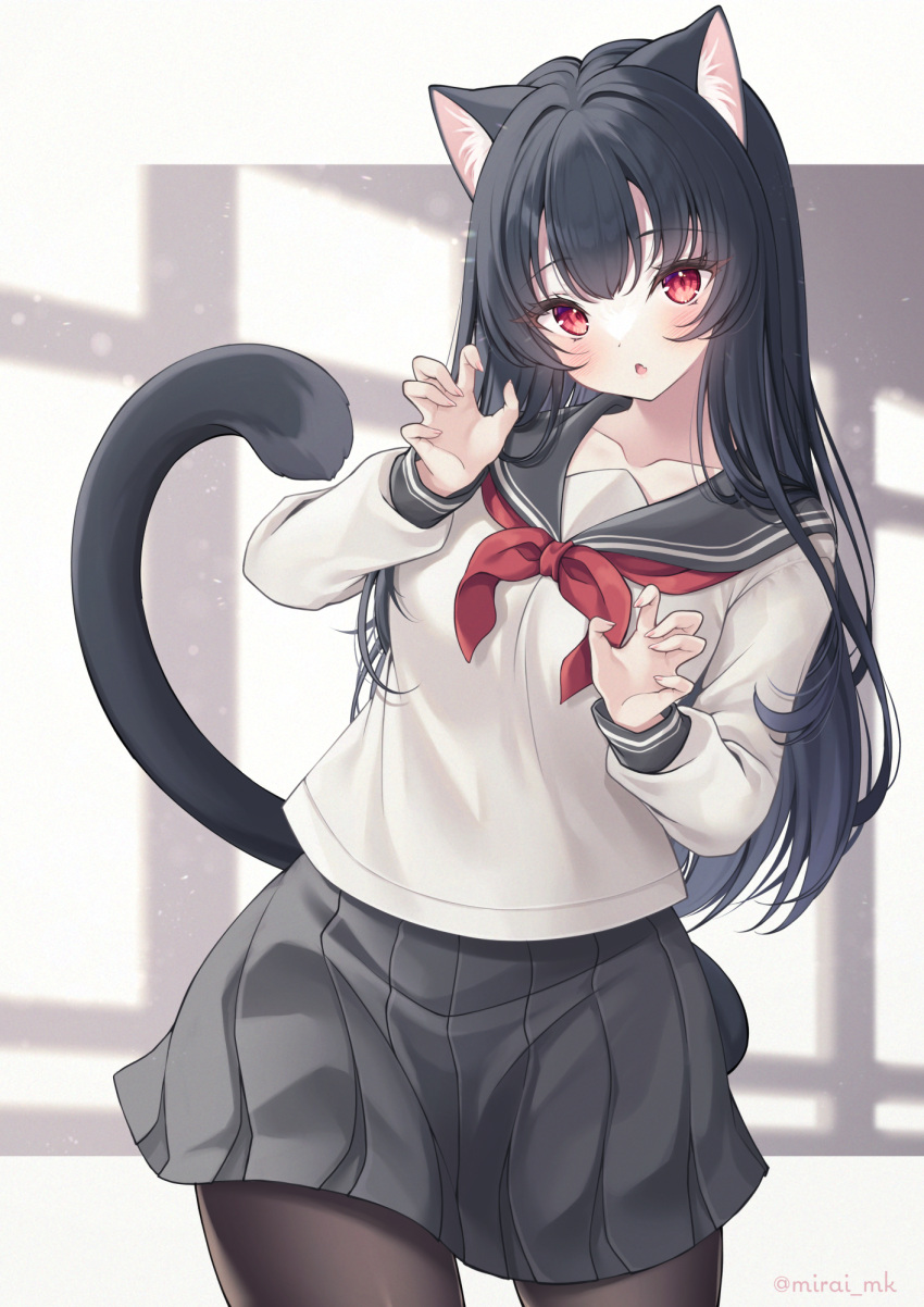 1girl animal_ears bangs black_hair black_pantyhose black_sailor_collar black_skirt blush cat_ears cat_girl cat_tail commentary_request fang highres long_hair long_sleeves looking_at_viewer mirai_(happy-floral) neckerchief original pantyhose parted_lips pleated_skirt red_eyes red_neckerchief sailor_collar school_uniform serafuku shirt skirt solo tail tail_raised twitter_username very_long_hair white_shirt window