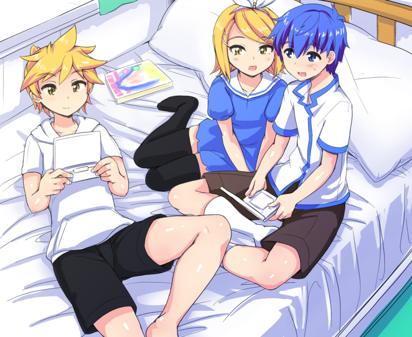 1girl 2boys abubu bed black_thighhighs blonde_hair blue_dress blue_hair blue_trim blush book dress hair_ornament hairclip handheld_game_console hood hoodie kagamine_len kagamine_rin kaito_(vocaloid) lying multiple_boys nintendo_ds on_back on_bed panties pillow shirt short_hair short_sleeves sitting sweatdrop thigh-highs underwear vocaloid white_hoodie white_shirt