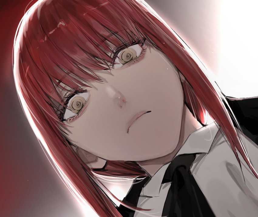 1girl bangs black_necktie blank_stare chainsaw_man collared_shirt formal ku_ha long_hair looking_at_another looking_at_viewer makima_(chainsaw_man) necktie redhead ringed_eyes shirt sidelocks solo suit two-tone_background white_shirt yellow_eyes