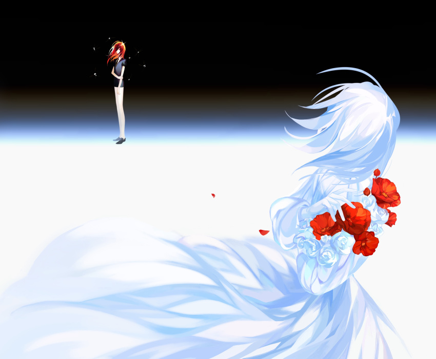 2others absurdres androgynous bare_arms bare_legs black_background black_footwear cinnabar_(houseki_no_kuni) cizihoudanshao colored_skin comparison contrast dress dual_persona facing_away floating_clothes floating_hair flower gem_uniform_(houseki_no_kuni) hand_on_own_arm hands_up highres houseki_no_kuni loafers long_hair long_sleeves looking_at_another looking_at_viewer looking_to_the_side medium_hair multiple_others other_focus petals puffy_long_sleeves puffy_short_sleeves puffy_sleeves red_flower redhead shoes short_jumpsuit short_sleeves spoilers standing tsuki_jin white_dress white_flower white_hair white_skin