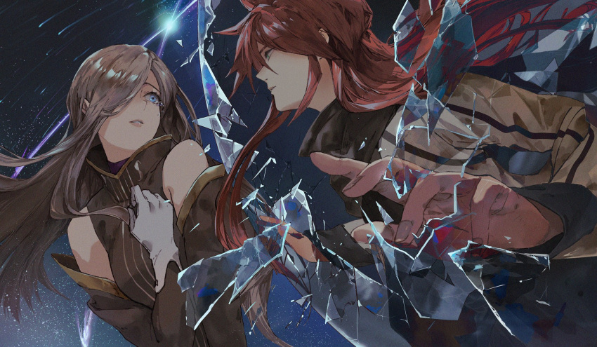 1boy 1girl bare_shoulders blue_eyes breasts broken_glass brown_hair detached_sleeves dress glass gloves green_eyes hair_over_one_eye high_collar highres iko_(ico_ma2501) lips long_hair looking_at_another luke_fon_fabre night night_sky redhead sky sleeveless sleeveless_dress star_(sky) starry_sky tales_of_(series) tales_of_the_abyss tear_grants tears white_gloves